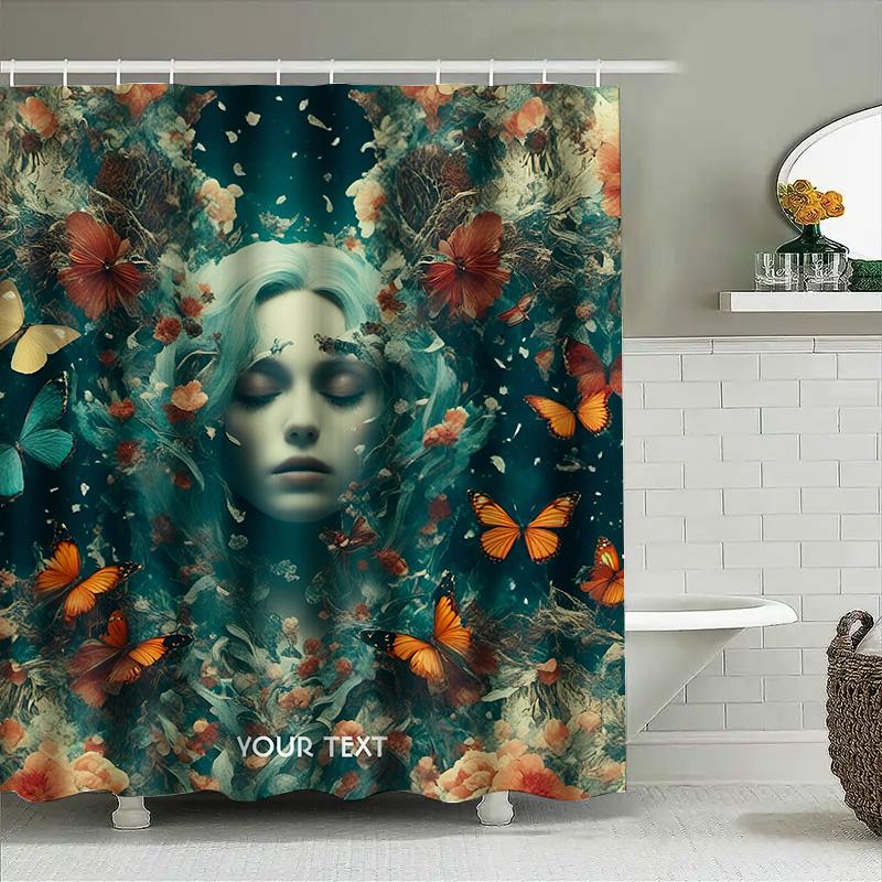 Bathroom Decor Shower Curtain Floral Butterflies Design with Customizable Text for Personalization in Home Decoration Supplies
