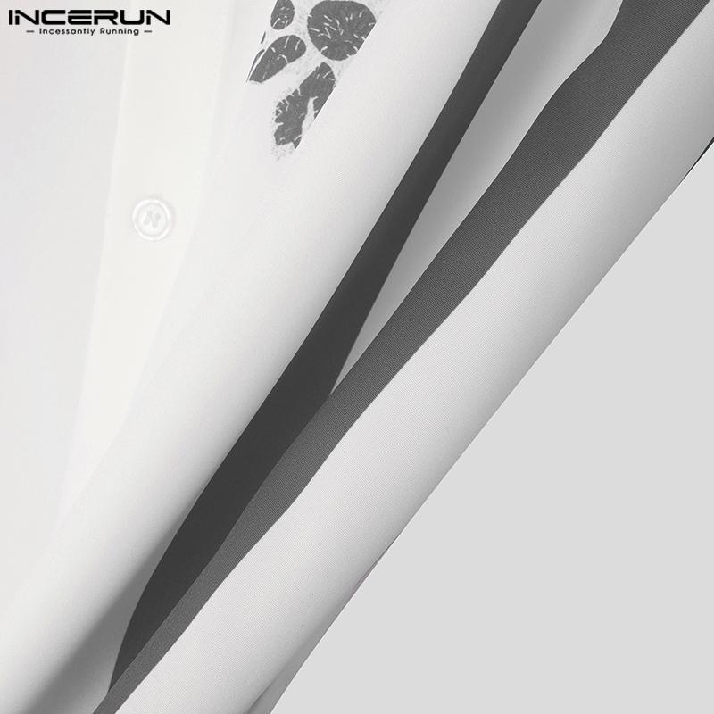 INCERUN Spring Men Long Sleeve Casual Shirts Floral Striped Patchwork Tops