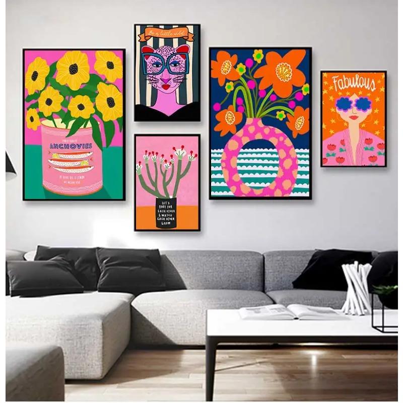 Leopard Lady Colorful Rainbow Flower Cup Wall Art Canvas Painting Nordic Posters and Copies Wall Photos for Living Room