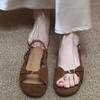 Vintage Flat Sandals Women's Summer New Round Toe Open Toe Metal Buckle One Slip Strap Soft Sole Anti-slip Roman Shoes