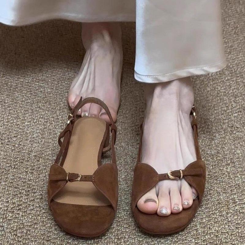 Vintage Flat Sandals Women's Summer New Round Toe Open Toe Metal Buckle One Slip Strap Soft Sole Anti-slip Roman Shoes