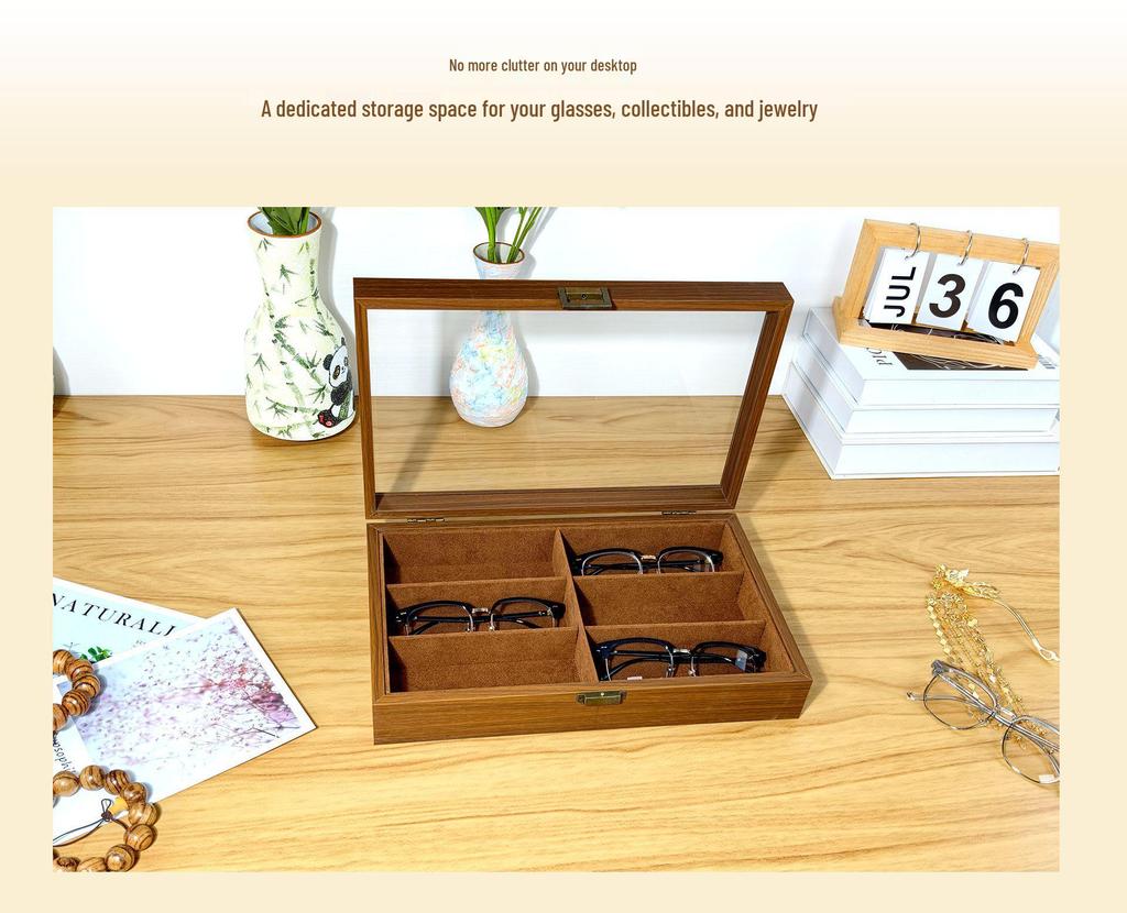 Walnut Grain Jewelry & Glasses Storage Box - Light Luxury, Retro, Dustproof, Large Capacity Display