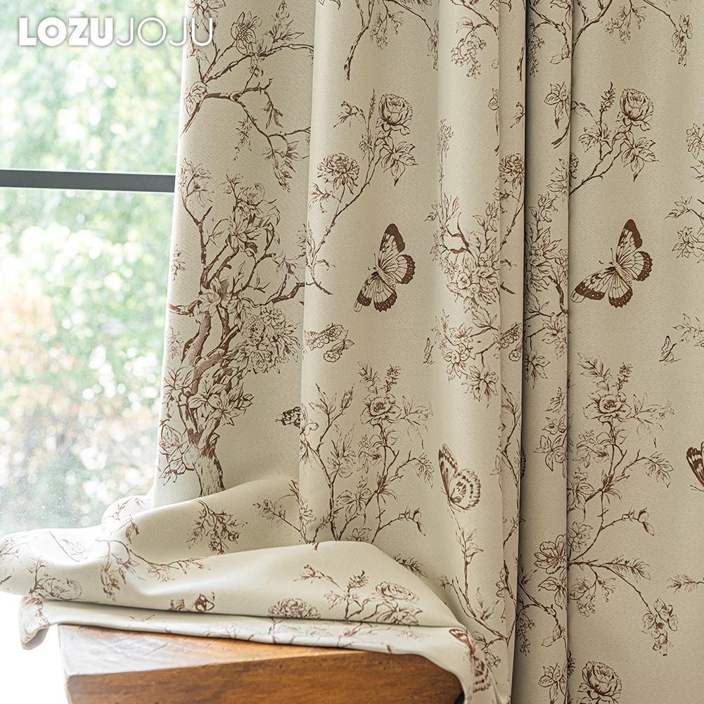 1PC LOZUJOJU French Retro Blackout Curtains with Butterfly Floral Print Curtains Thick Curtains for Bedroom Living Room Window for Home Decor