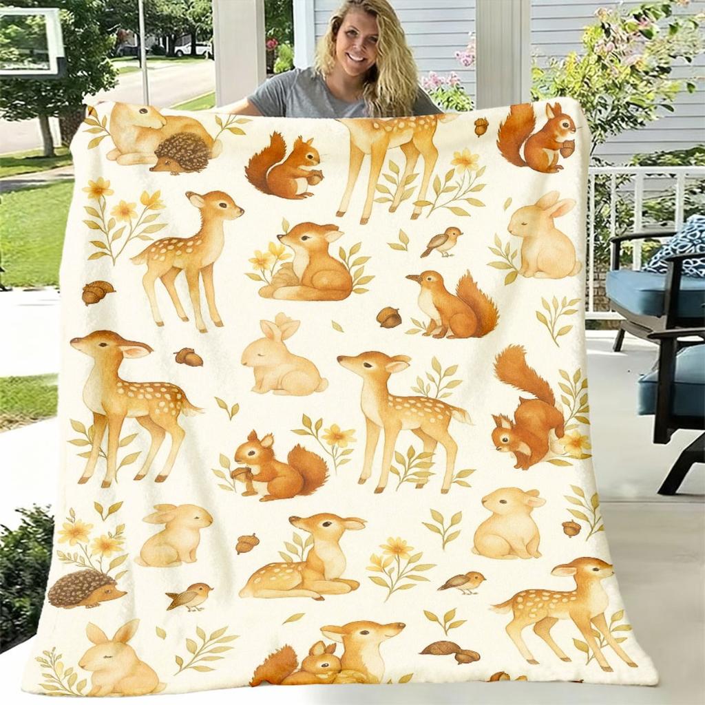 Soft Flannel Forest Animal Blanket Tear-Resistant All-Season Comfort Throw with Deer, Rabbit, Fox, And Hedgehog Patterns, Suitable for Bed, Sofa, Camp