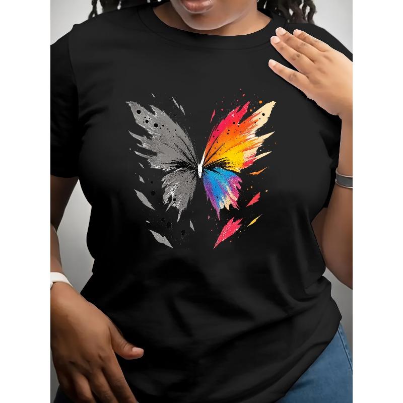 

European Size Five-color Butterfly Printed Short-sleeved T-shirt | Women S Daily Wear, Soft and Breathable, Moderate Elasticity 4XL