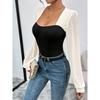 Women's Fashion Sexy Bodysuits Autumn Spliced Knitted Long Sleeve Slim Fit Elegant Square Collar