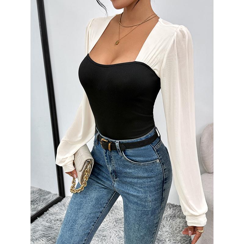 Women's Fashion Sexy Bodysuits Autumn Spliced Knitted Long Sleeve Slim Fit Elegant Square Collar
