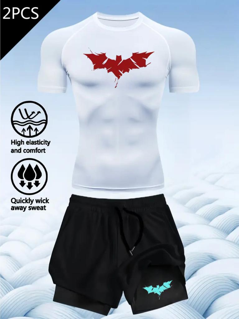 2D printed T-shirt men's summer two-piece sportswear running T-shirt elastic quick-drying sports top sports fitness shirt men's