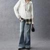 Women’s Mid‑Waist Vintage Washed Flare Jeans – Slim Fit Denim Pants – Blue Retro Style