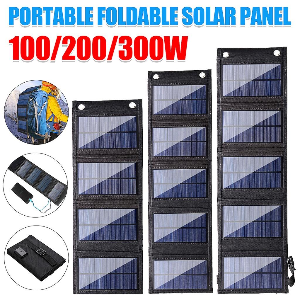 5V 100W/200W/300W USB Foldable Solar Panel Portable Flexible Small Waterproof Folding Solar Panels Cells For Mobile Phone Battery Charger Black