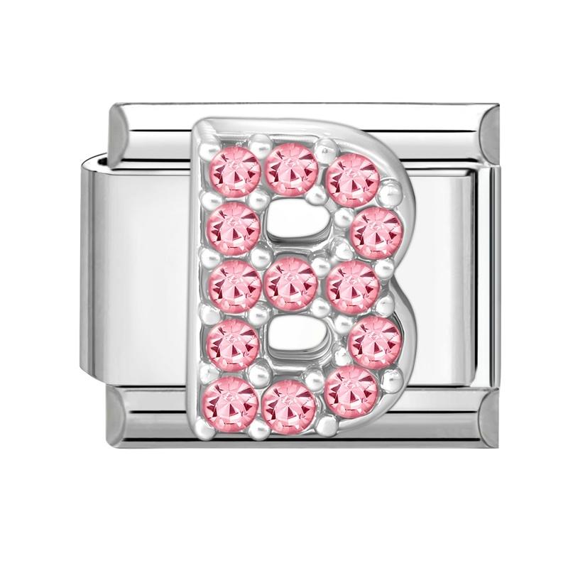 1pz Micro Intarsiato Zirconia Rosa Full Zircone 26 Lettere Inglesi Fascino Italiano Adatto Bracciale in Acciaio Inossidabile da 9mm Gioielli Fai da Te