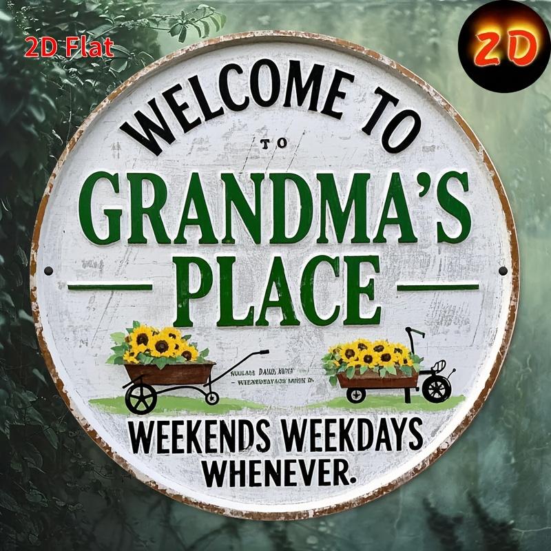 Welcome To Grandmas Place Round Metal Tin Sign Sunflower Vintage Wall Plaque for Farmhouse Home Decor