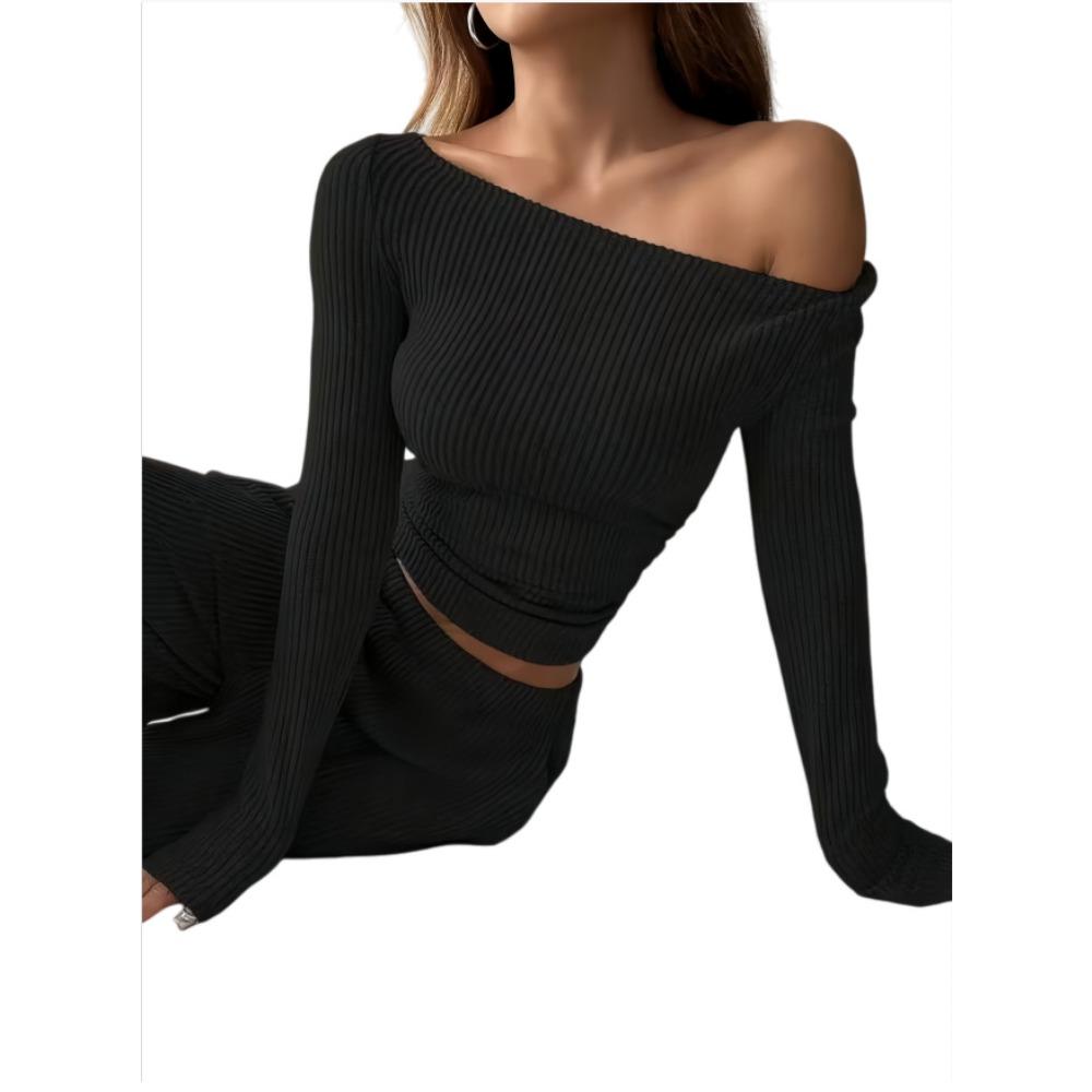 Herbst- und Wintermode Lässiges Set für Damen: Langärmeliges Crop-Top und Lange Hose Zweiteiler