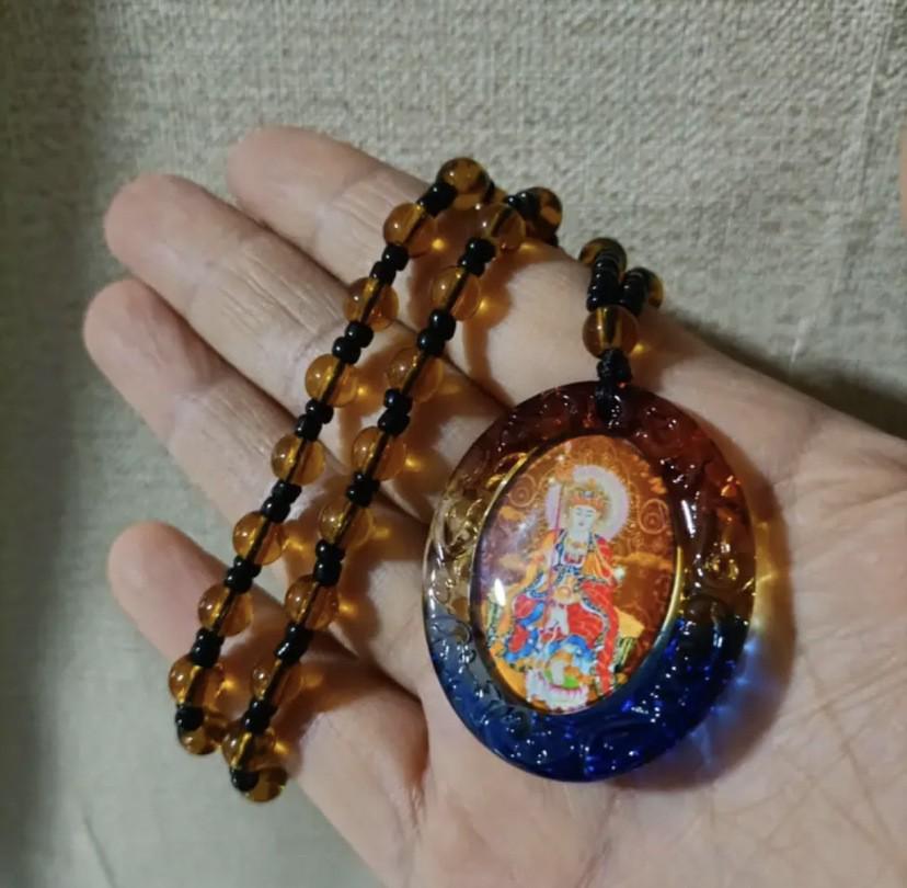 Lace Jizo Bodhisattva Birth Year Guardian Pendant Necklace for Men & Women, Yellow Water Zodiac Design.