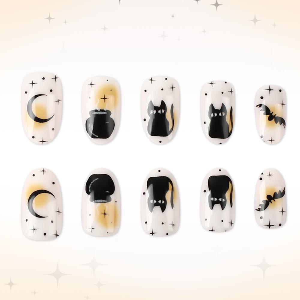 Glossy Black Cat & Bat Moon Halloween Nail Stickers – 24 Piece Set