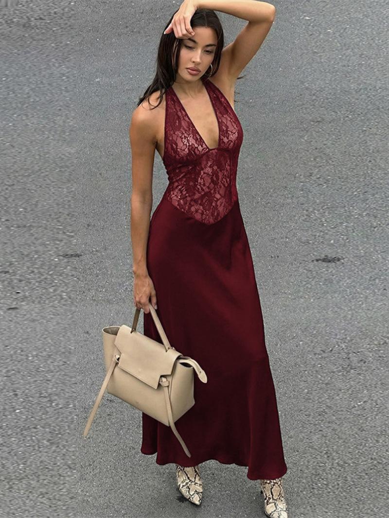 

European and American women s clothing sexy lace neck V-neck dress spring new pure desire slim perspective hip skirt L темно-коричневого кольору
