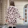 2024 Herbst Winter Gestrickte Leopardenpullover Damen Koreanisch V-Ausschnitt Dick Print Strickjacke Mantel Locker Knopf Oberbekleidung Tops