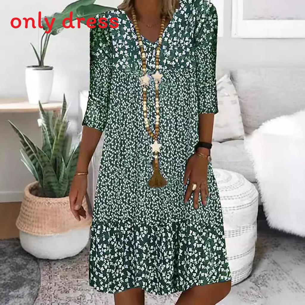 Summer Womens 3d Printed Polyester Vneck Midi Dress With Short Sleeves For Casual Wear