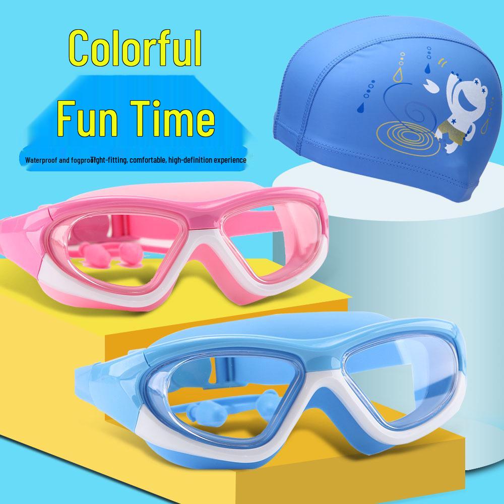 Children's Large Frame Anti-Fog Swim Goggles and Cap Set - Waterproof, HD, for Boys and Girls