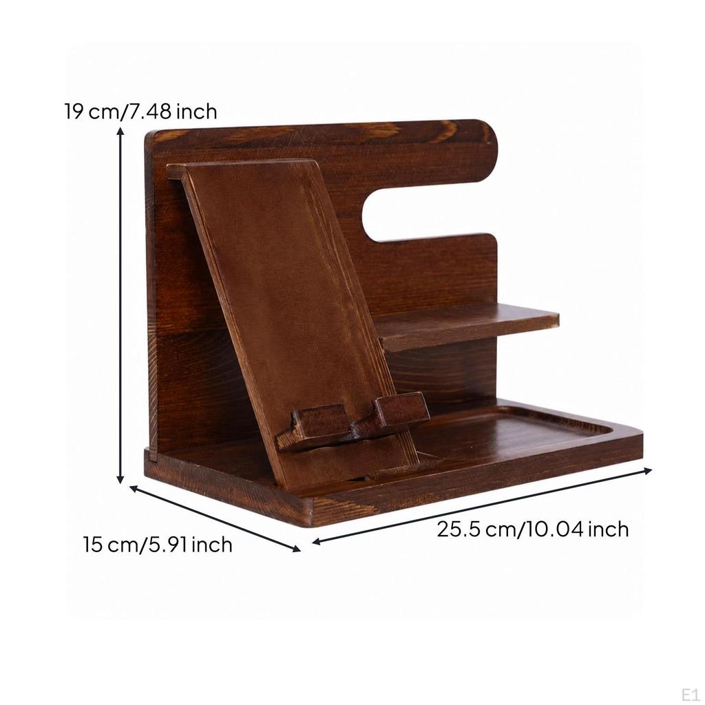 Solid Wood Phone Stand with Watch Hooks | Convenient Charging Access, Wooden Desk Organizer, for