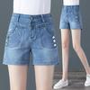 Fashion Denim Shorts Women's Summer Korean Embroidered Straight Leg Thin Elastic High Waist All-match Jeans Women