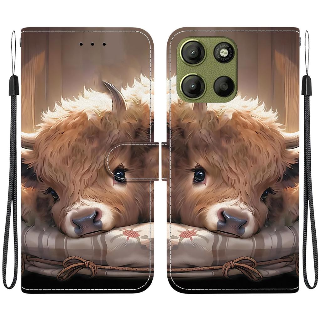 Handmade PU Leather Flip Case for Motorola Moto G15 Anti-Slip Shockproof Cover with Wrist Strap & Heart/Rose Cat Designs