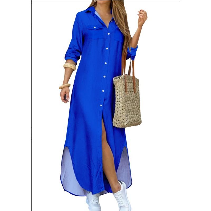 Spring and Summer Fashion Long-sleeved Candy-colored Lapel Shirt Long Dress