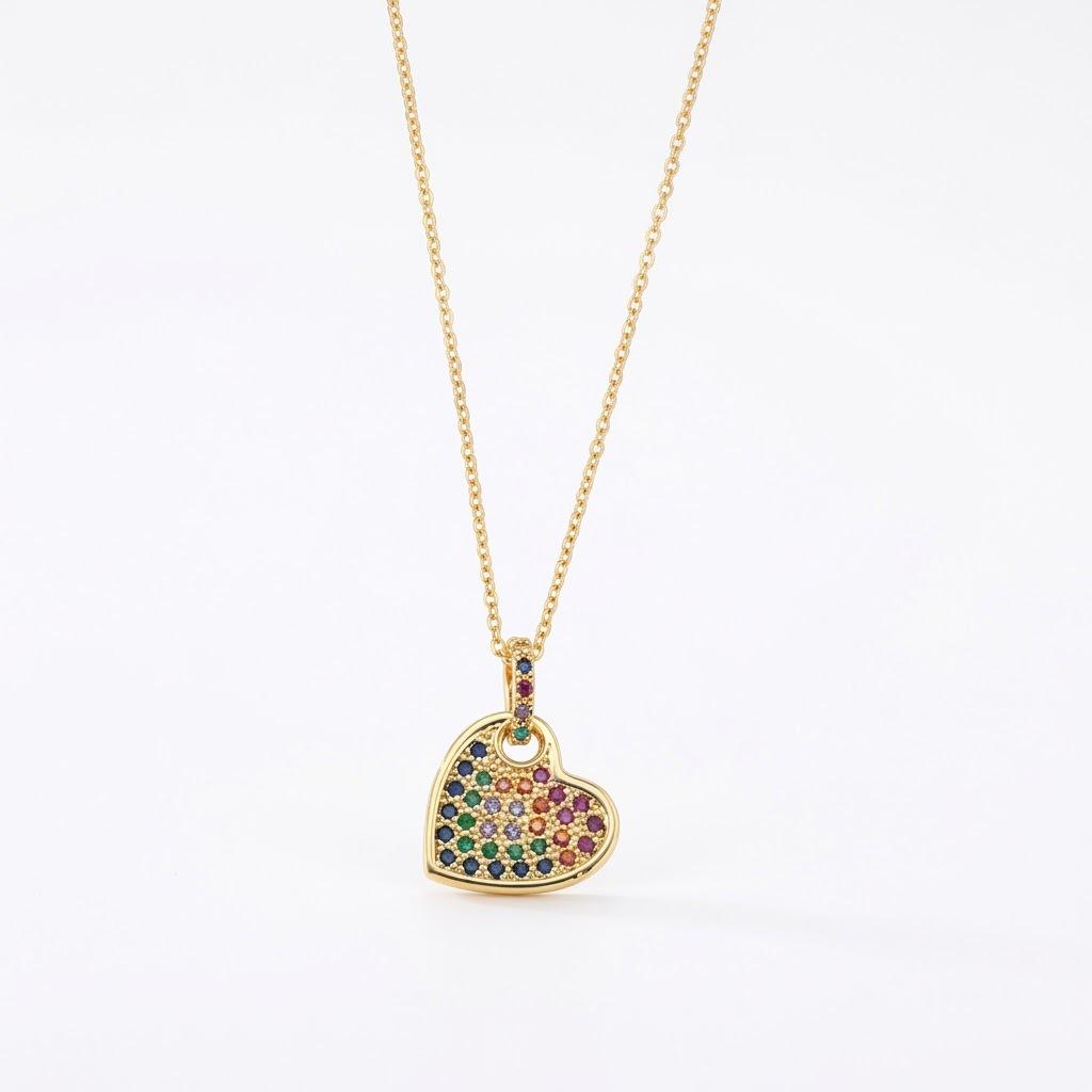 Cute Female Crystal Rainbow Zircon Stone Heart Pendant Necklace Vintage Gold Color Wedding Jewelry For Women