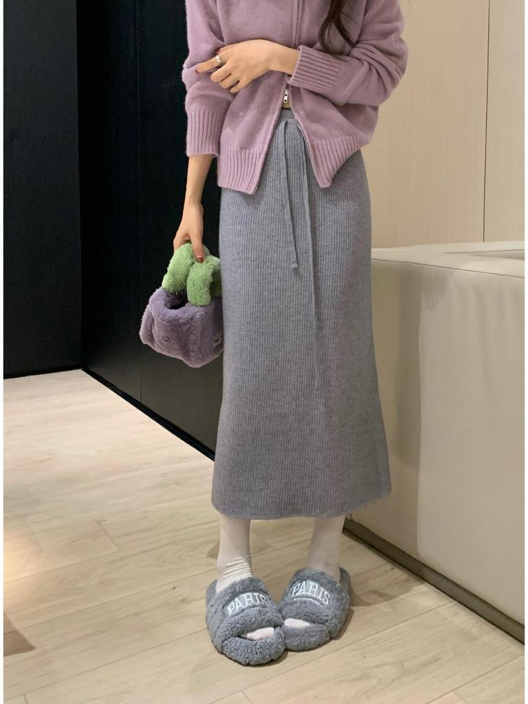 Women's High-Waist Fleece Knit Midi Skirt, Autumn/Winter 2025 Style: Thick, Loose, Drawstring, Straight Fit