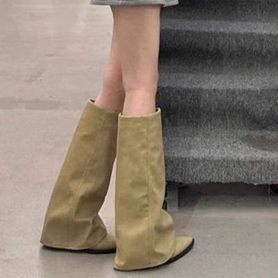 Damen Stiefeletten mit spitzer Zehenpartie und Blockabsatz Mode Sexy Mittelhohe Absätze Damen Weites Schaft Kniehohe Lange Stiefel Khaki Elegante Damenschuhe