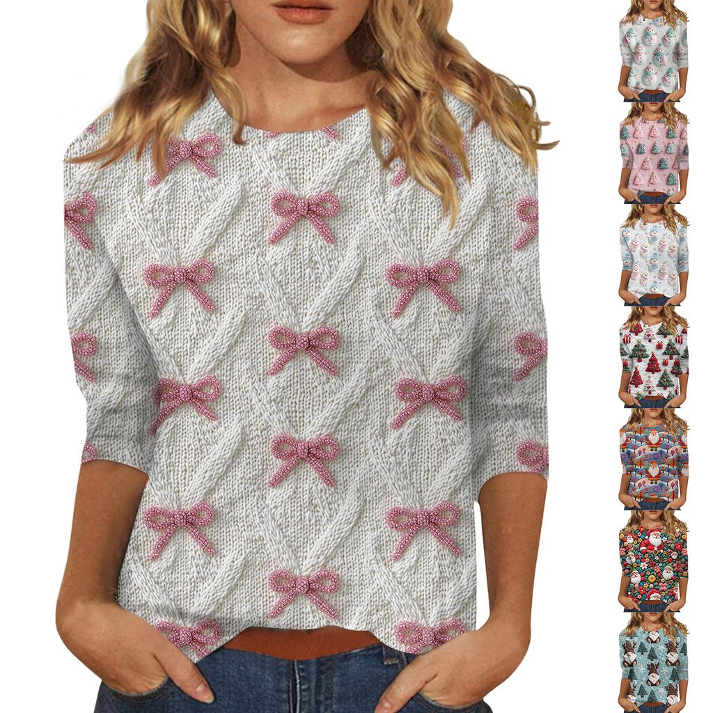 Women's Fashionable Casual Three-Quarter Sleeve Christmas Print Round Neck Top