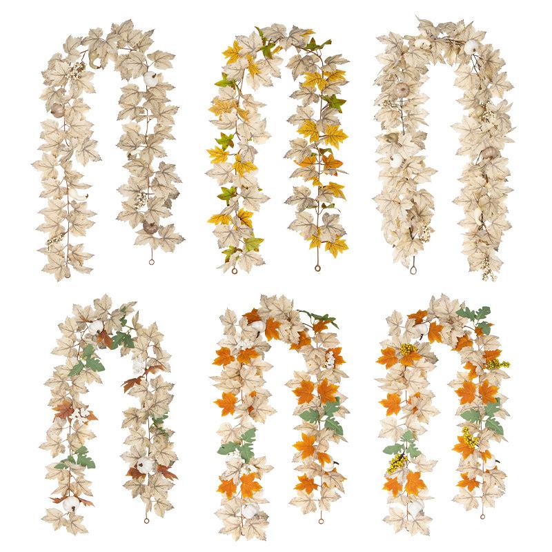 Fall Maples Leaves Garland Simulation Maple Leaf Pumpkin Berry Vine Wreath Thanksgiving Halloween Christmas Fireplace Decoration