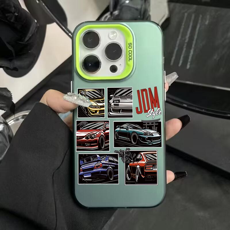 JDM Sports Cars Male Men Electroplate Silver IMD Case For iPhone 15 14 16 Pro Max 11 12 13 7 8 Plus 16E X Shockproof Hard Cover