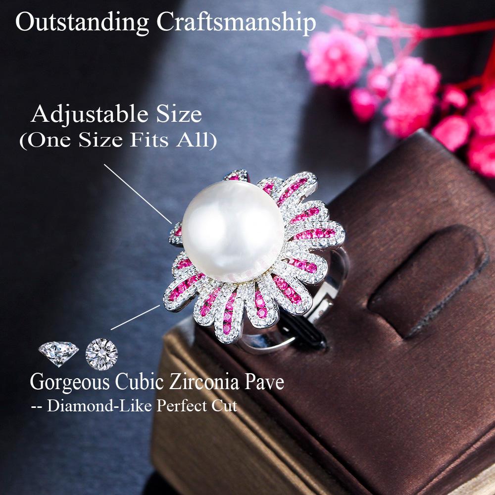 CMM Jewelry Resizable Luxury Big Chunky Fuchsia Cubic Zirconia Flower Artificial Pearl Rings for Women Engagement Party Wear Jewellery