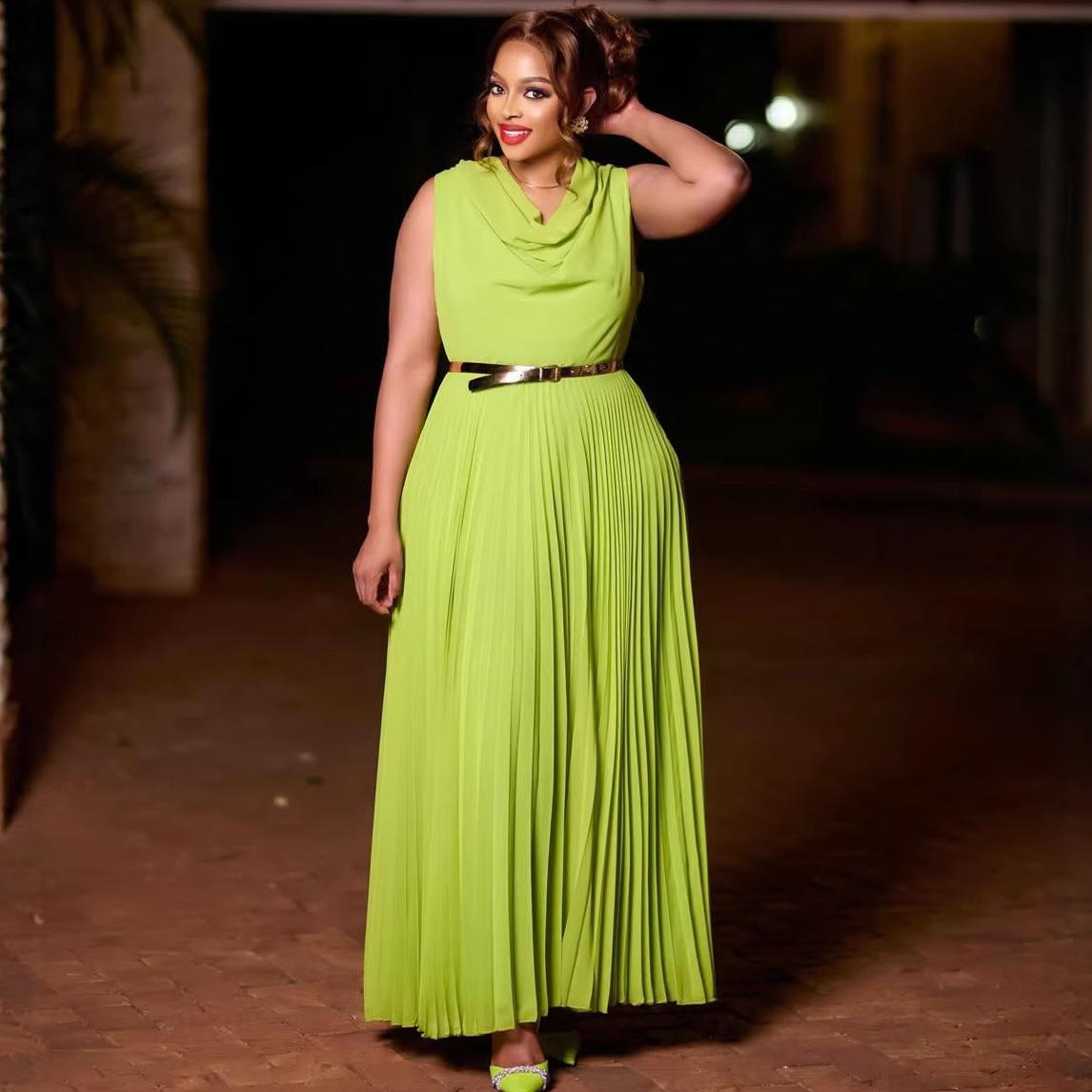 African fashionable slunk collar solid color women s tank dress, European plus size new waist-cinched pleated long dress S зелёный