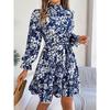 GMXIA Autumn and Winter Elegant Stand-up Collar, Flower-cinched Waist, Long-sleeved Ruffled A-line Dress Women's Clothing