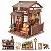 Pixie Curio Book Nook Kit 3D Wooden Puzzle Cherry Blossom Tea House Dollhouse Kit Miniature Style Cherry Blossom with Lucky Cat Figurine and LED Light