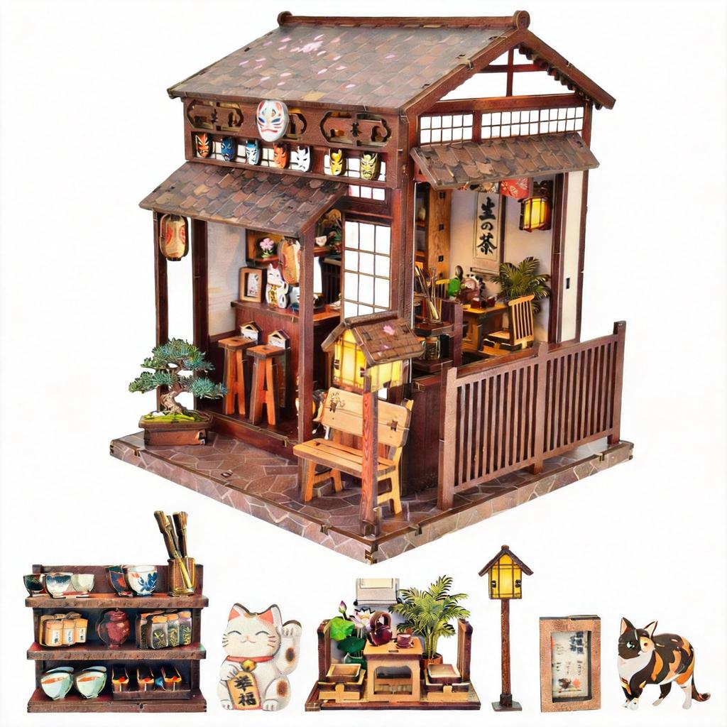Pixie Curio Book Nook Kit 3D Wooden Puzzle Cherry Blossom Tea House Dollhouse Kit Miniature Style Cherry Blossom with Lucky Cat Figurine and LED Light