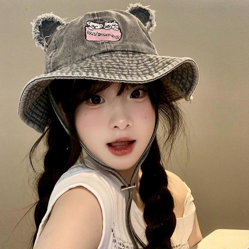 Multiuse Cotton Fisherman Hat with Bear Ear Spring Windproof Bucket Hat Soft Floppy Hat for Female Hiking and Camping  Pink