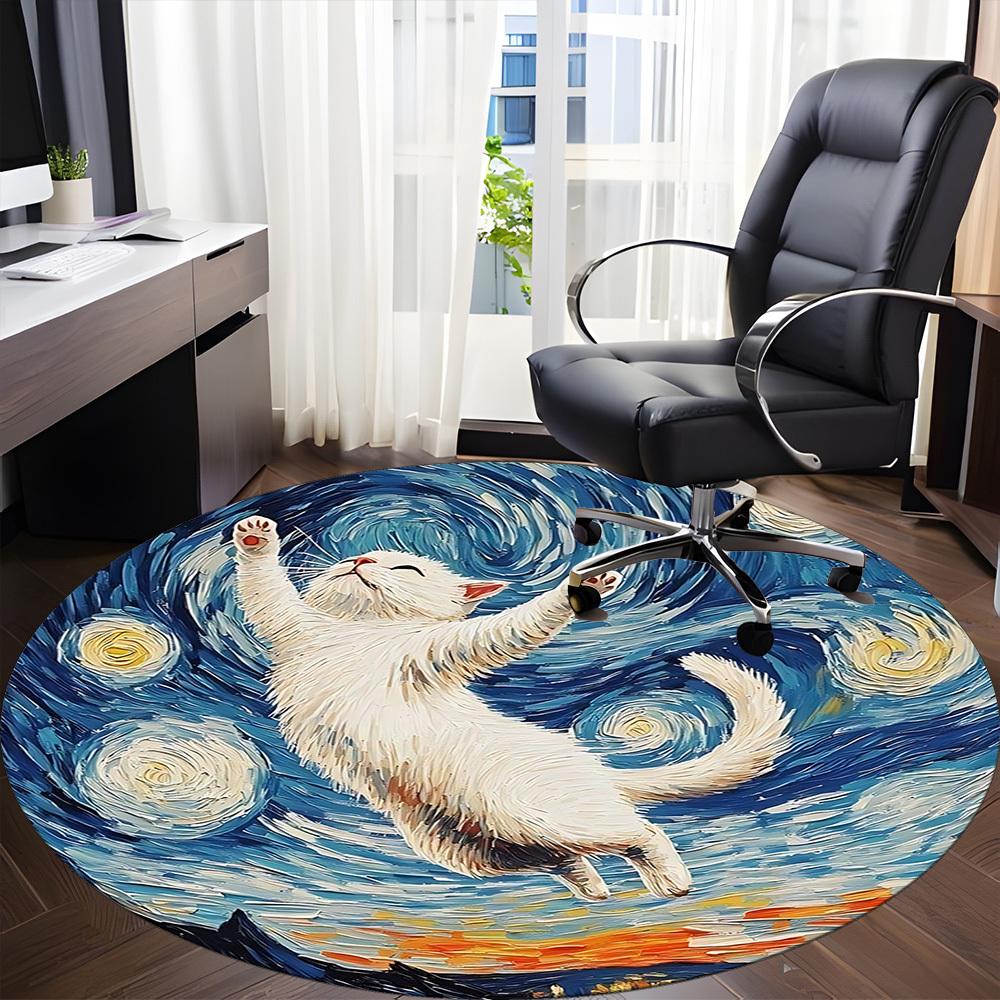 1pc Cat Night Sky Office Round Area Rug, Under Office Chairs Bedroom Living Room Home Decor, Room Deco, Available in Various Sizes