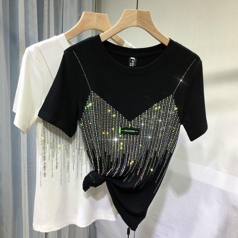 Women Casual Solid Color O-Neck Letter Labels T-shirt Summer Diamond Short Sleeve Shirts Fashion Streetwear Tees Top