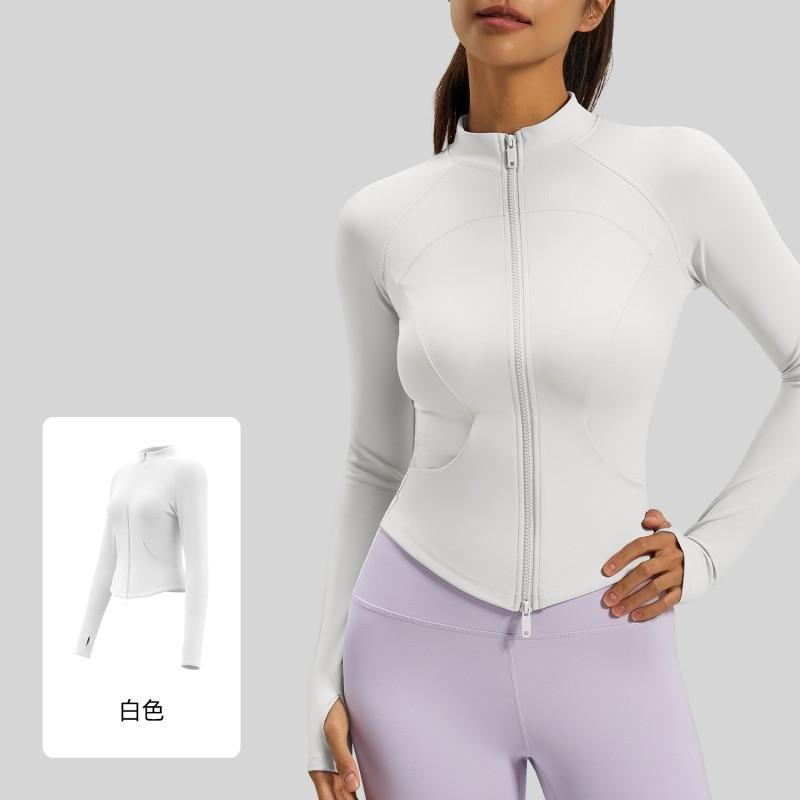Womens Slim Fit Long Sleeve Zip-Up Yoga Top With Side Pockets Running Gym Workout