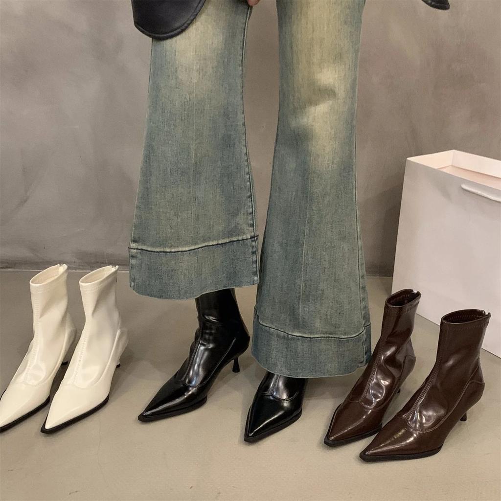 Fashion High Heel Women Short Boots Fashion Zippers Shoes Retro Style Autumn Winter Pointed Toe Ladies Dancing Party Prom Shoes