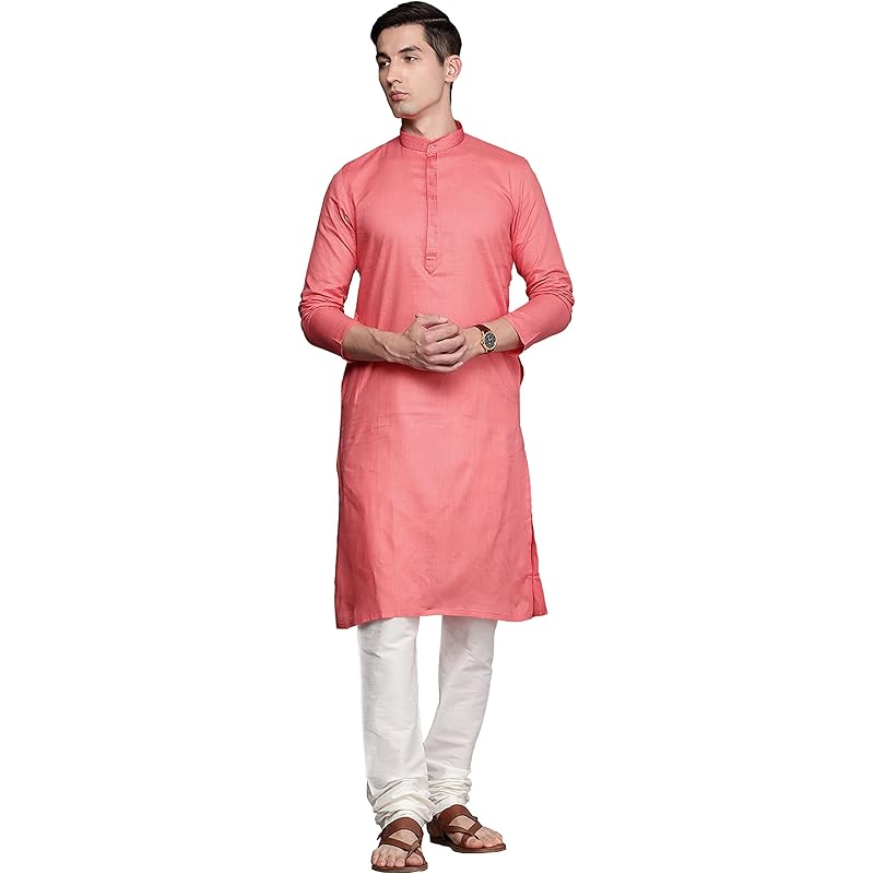 Manyavar Kurta Set for Men, Full Sleeves Mandarin Collar Ethnic Kurta Set for Engagement, Wedding, Party Solid (Dark Pin