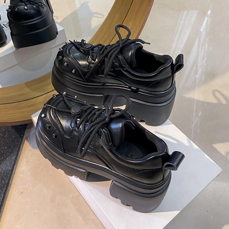 

Модная женская панк-обувь 10 см платформа Оксфорды дизайн с заклепками Обувь Модные массивные Мэри Джейн Удобные повседневные уличные туфли на шнуровке Лоферы 34 чёрный