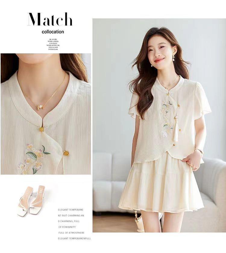 2024 Summer Women's Embroidered Chiffon Two-Piece Set: Chinese Style Shirt & Skirt