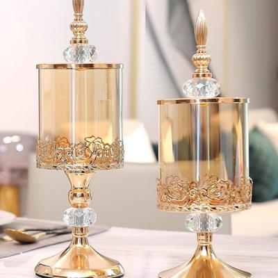 New European Crystal Glass Storage Jar Luxury High-footed Rose Candy Jar with Lid Art Home Decoration Gold-plated Storage