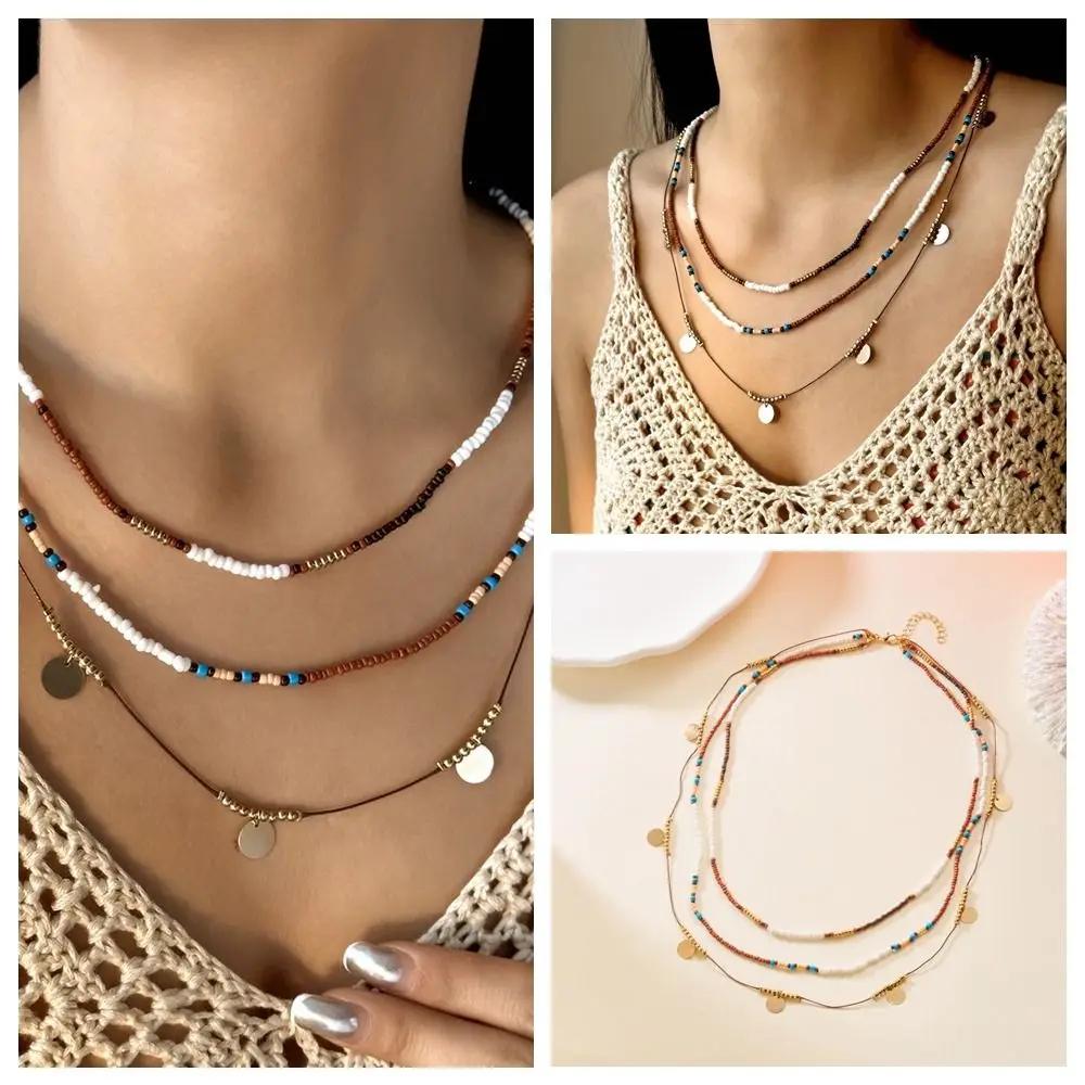Retro Multi-layer Bead Necklaces Vacation Style Colorful Clavicle Chain Collarbone Chain Choker Bohemian Necklaces Girl