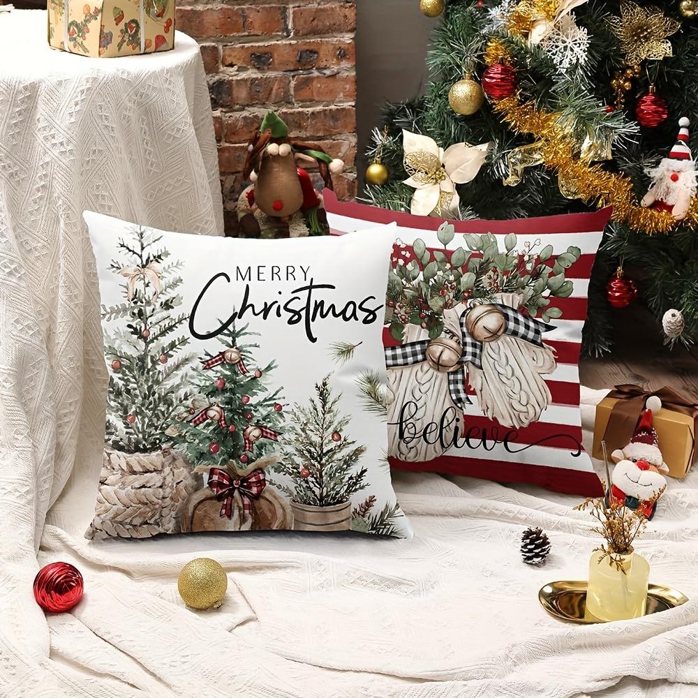 4pcs Linen Christmas Tree Pillowcases Christmas Gift Living Room Sofa Bedroom Zipper Pillow Case Without Pillow Core