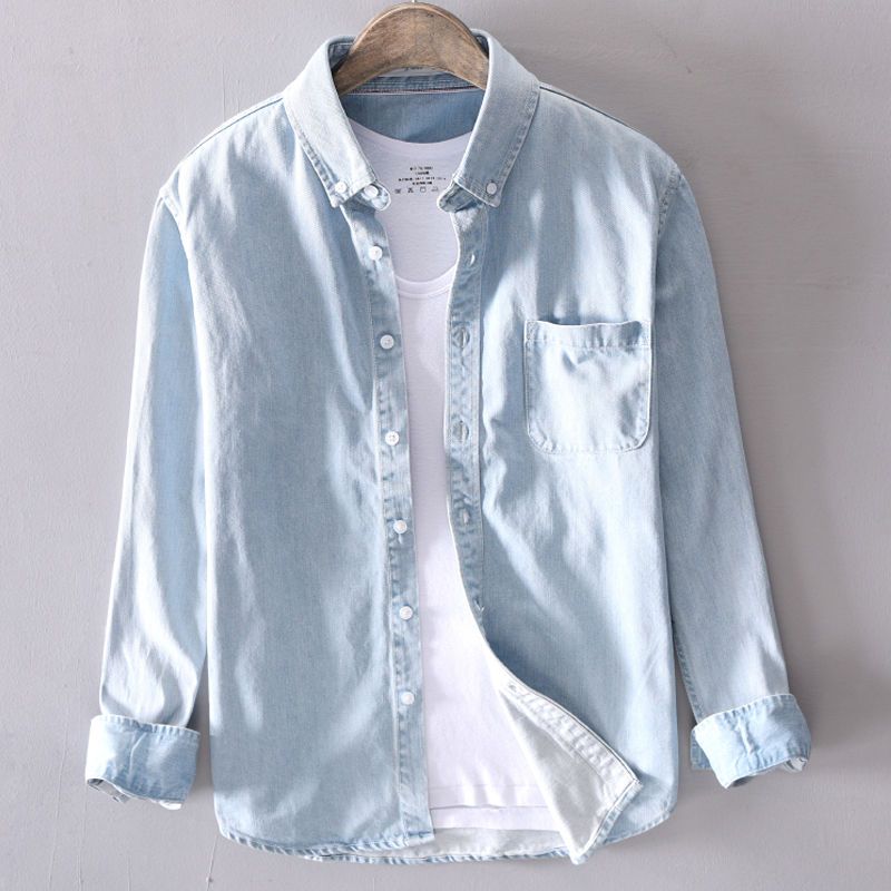 Pamuk Sonbahar Uzun kollu Kot Gömlek Erkek Moda Rahat Sokak Erkek Giyim Üst Klasik Açık Mavi Siyah Gri